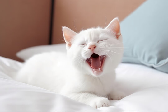 A cute little fluffy white baby kitten yawning with her mouth wide open. Sleepy yawning long-haired kitten on white surface in bedroom. Generative AI professional photo imitation.