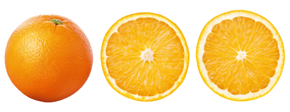 Laranja inteira e laranjas cortadas ao meio isolado em fundo transparente 