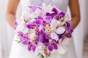 bride holds a beautiful wedding bouquet of purple flowers