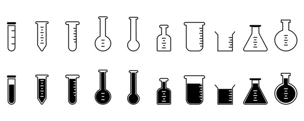 Erlenmeyer flask chemistry beaker icon set. Set of vector linear icons of test tubes of different shapes. Vector graphic illustration.