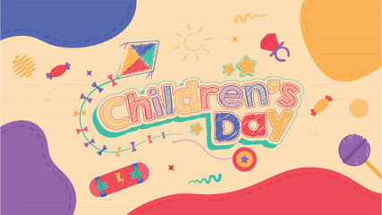 Childrens day toys kite skate sketch vector banner template