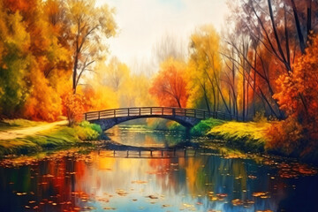 Beautiful autumn landscape in acrylic painting style