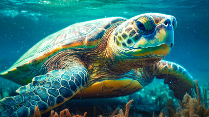 Fototapeta premium Underwater world. Corals. Turtle. Depth. image for 3d floor. Dive into the underwater world. Ai generated