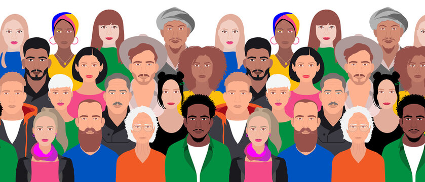 Abstract Crowd Group Of People Concept Of Social Diversity Inclusion, Multi Cultural And Gender Equality,   Vector Illustration Of Various Man Woman Children Young And Elderly Different Age And Gender