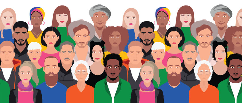 Group Of People Concept Of Diversity Inclusion Multicultural Diverse Different Gender Age Man Woman And Children Multi Ethnic Crowd. Vector Illustration Background Pattern Banner