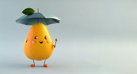 Cute Cartoon Mango Character with a leaf on it is holding an umbrella