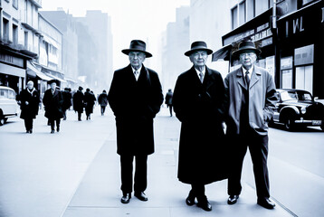 Group of business people walking in the city. Black and white photo.