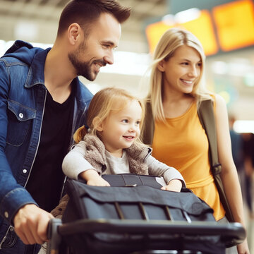 happy family with child in airport terminal and baggage at check-in counter