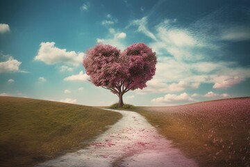 Obraz na płótnie Canvas A heart-shaped crown tree with pink leaves on a green field, a dirt road going into the distance on a blue sky and clouds background, perfect for Valentine's Day. Generative AI