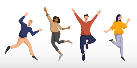 Set of people celebrating goal achievement. happiness, freedom, motion and diversity concept