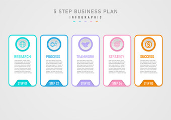 infographic template 5 steps business plan for success multi colored squares top circle with letter center icon on white background gray gradient design for marketing, product, project, finance