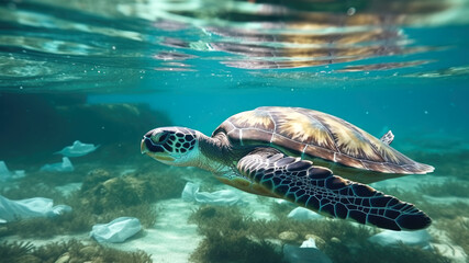 Sea turtle in the water swims among the debris. Environmental pollution. Ecological problems. Generative AI