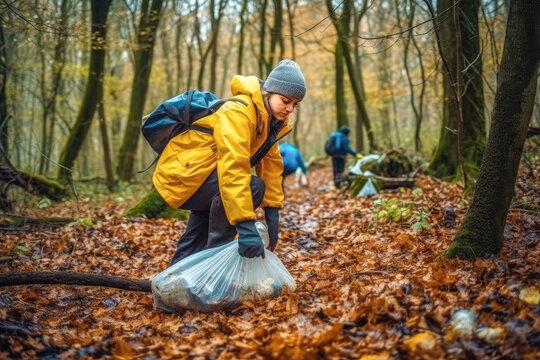 Volunteers collect garbage in the forest. Environmental pollution. Ecological problems. Generative AI