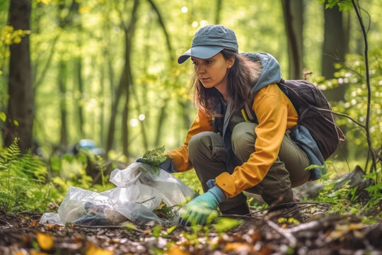 A female volunteer collects garbage in the forest into bags. Environmental pollution. Ecological problems. Generative AI