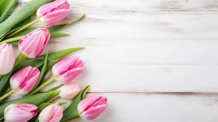 Obraz na płótnie Canvas Pink and white colouful tulips flowers and leaf Border surrounding on a White Blue turqouise rustic Wooden Tabletop, Highlighting the Soft and Selective Elements of Flower Border Art. Generative ai