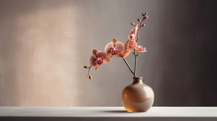 vase with orchids on the wall, copy space, mockup