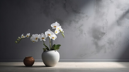 Fototapeta na wymiar vase with orchids on the wall, copy space, mockup