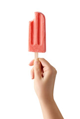 Woman hand holding bitten pink fruit popsicle on white background