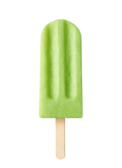 Green fruit popsicle on white background. Apple, lime and pear flavor