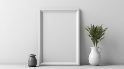 Fototapeta na wymiar Blank picture frame mockup in white scandinavian interior. AI