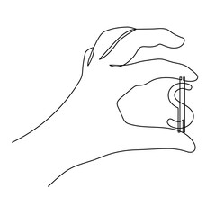Hand holds dollar sign,one line art,continuous contour drawing, hand-drawn line icon for business,minimalist design.Financial valuta sign,currency trendy template.Editable stroke.Isolated.Vector