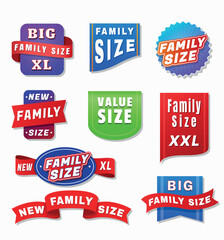 Family size big value new XL badges and corners different shape with ribbon set vector illustration