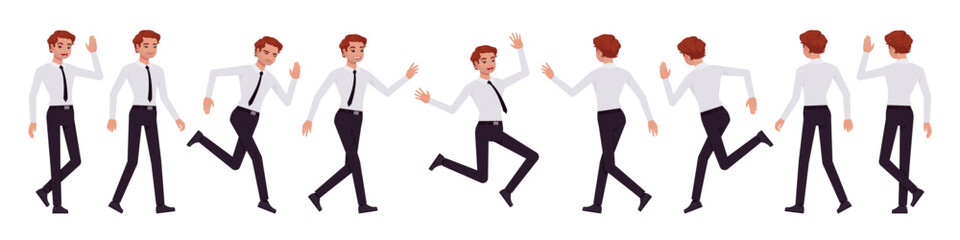 Business consultant professional male set, handsome man different walk, run poses. Office boy, young manager in formal work wear. Vector flat style cartoon character isolated on white background