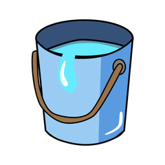 Plastic blue bucket with water for household cleaning and home washing.