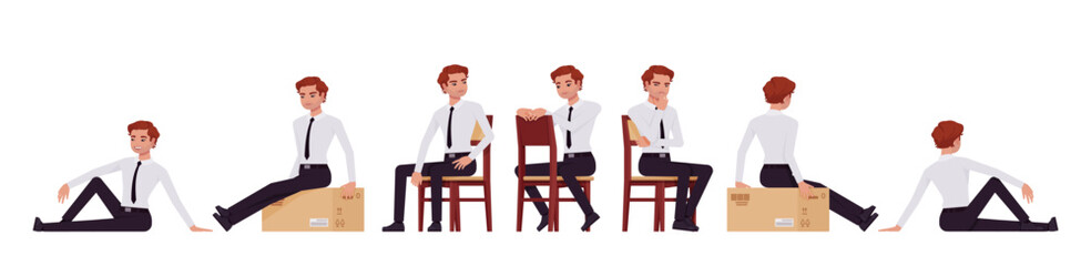 Business consultant professional male set, handsome man different sitting poses. Office boy, young manager in formal work wear. Vector flat style cartoon character isolated on white background