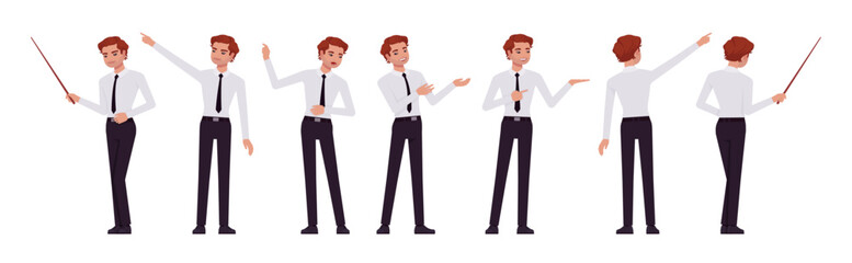 Business consultant professional male set, handsome man different show, point poses. Office boy, young manager in formal work wear. Vector flat style cartoon character isolated on white background