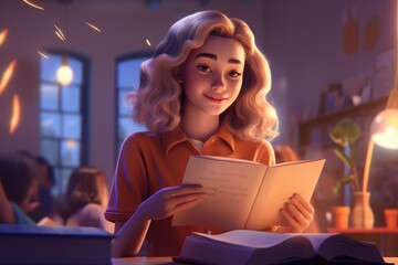 student reading inside a  library - Illustration created with Generative Ai