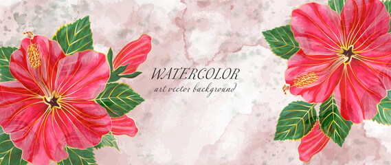 Botanical art wallpaper with hibiscus flowers. Modern creative design watercolor texture for home decor, banners, and prints. Vector illustration.