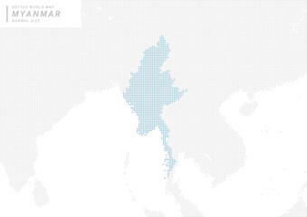 Fototapeta na wymiar ミャンマーを中心とした、青いドットマップ。　中サイズ。