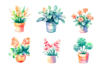 A set of indoor flowers in watercolor. Generative AI