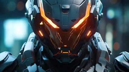 Epic warrior with futuristic dynamic armor helmet with cyberpunk style - obrazy, fototapety, plakaty