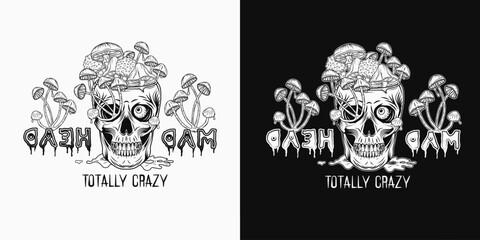 Label with mirrored text, human skull without top like cup, bowl, vase full of fantasy mushrooms. Crazy mad skull with single eye and growing through skull mushrooms, puddle of poisonous liquid
