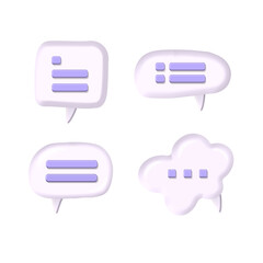 White 3d bubble talks with lines of text set isolated on purple background. Plastic speech bubbles, dialogue, messenger shapes. 3D render vector icons for social media or website