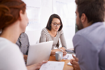 Obraz premium People in creative meeting, brainstorming ideas and team working in conference room. Plan, collaboration with men and women in strategy discussion at marketing startup, productivity and writing notes