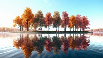 Naklejka na ściany i meble A row of colorful trees reflected in a calm lake