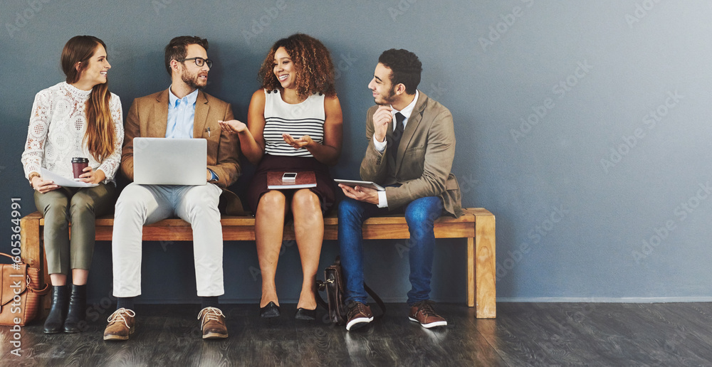 Poster business people, hiring wait and work conversation before a job interview and sitting in line. commu