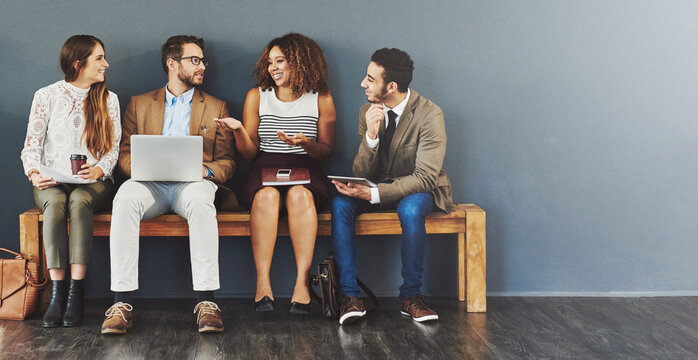 Business people, hiring wait and work conversation before a job interview and sitting in line. Communication, technology and staff with diversity and discussing for recruit meeting with mockup