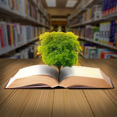 The concept of education by planting knowledge trees and  open old books in the library, beautiful blurred background