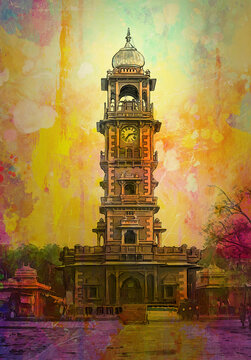 vintage Clock tower and Sardar Market gate  Ghanta Ghar in Jodhpu Mehrangarh fort, Rajasthan, India. book illustration Artistic travel sketch. Hand drawn postcard, poster