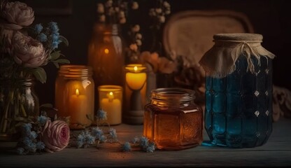 Fototapeta na wymiar Harvest of various sorts of honey in glass jars and jugs with flowers. Still life of bee honey on the table by candlelight. Generative AI