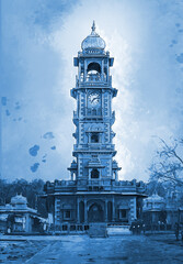 Clock tower and Sardar Market gate  Ghanta Ghar in Jodhpu Mehrangarh fort, Rajasthan, India. book illustration Artistic travel sketch. Hand drawn postcard, poster