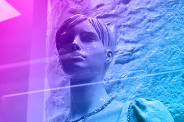 Portrait of an abstract mannequin in pink and blue colors.