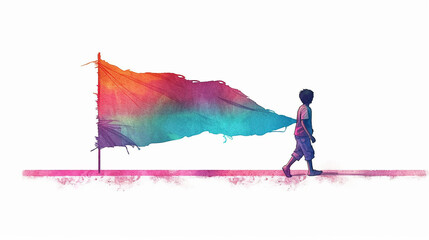 Painting art of a boy walks past a colorful flag. Perfect vibrant color gradient art on a white canvas. Generative AI