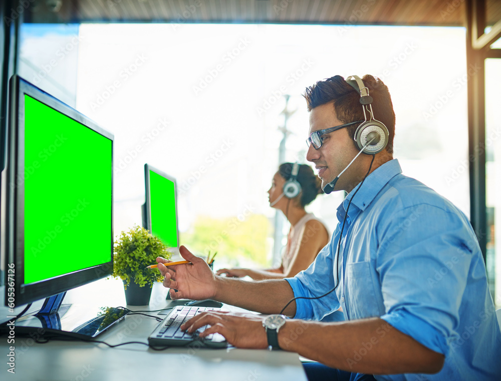 Poster businessman, call center and consulting on green screen computer in customer service or telemarketin
