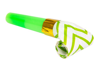 Rolled festive noisemaker or party whistle horn on the white isolated