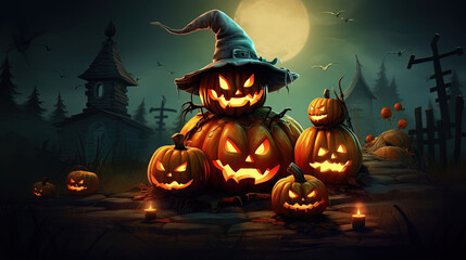 Halloween night moon composition with glowing pumpkins